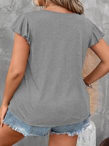 SHEIN LUNE Áo thun Plus size Xù màu trơn Giải trí - Màu Xám nhạt - Xem 2