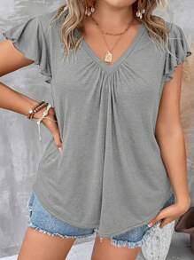 SHEIN LUNE Áo thun Plus size Xù màu trơn Giải trí - Màu Xám nhạt - Xem 6