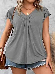 SHEIN LUNE Áo thun Plus size Xù màu trơn Giải trí - Màu Xám nhạt - Xem 7