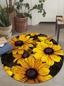 1 pieza Alfombra de piso con patrón de girasol moderno de tela redondo para casa - Multicolor - Ver 1