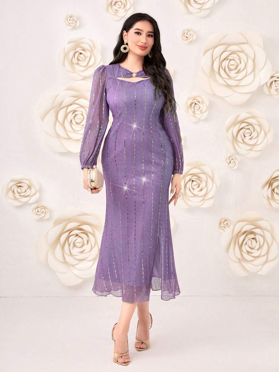 Modelyn Đầm Cắt ra ghép mộng kim sa Nhẫn Chia Dây kéo màu trơn Thanh lịch - Màu tím - Xem 1