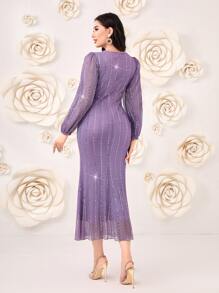 Modelyn Đầm Cắt ra ghép mộng kim sa Nhẫn Chia Dây kéo màu trơn Thanh lịch - Màu tím - Xem 2