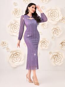 Modelyn Đầm Cắt ra ghép mộng kim sa Nhẫn Chia Dây kéo màu trơn Thanh lịch - Màu tím - Xem 4