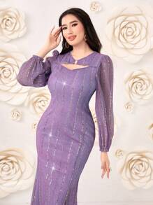 Modelyn Đầm Cắt ra ghép mộng kim sa Nhẫn Chia Dây kéo màu trơn Thanh lịch - Màu tím - Xem 5