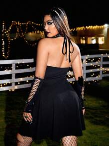 ROMWE PUNK Plus Contrast Binding Halter Neck Dress Without Belt - Black - View 2