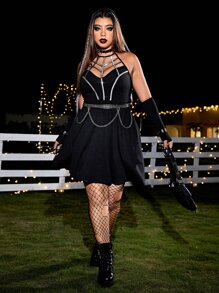 ROMWE PUNK Plus Contrast Binding Halter Neck Dress Without Belt - Black - View 6
