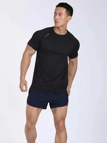 Manfinity Sport Corelite Camiseta deportiva de manga raglán de color sólido para hombres, parte superior transpirable para gimnasio - Negro - Ver 3