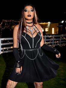 ROMWE PUNK Plus Contrast Binding Halter Neck Dress Without Belt - Black - View 4