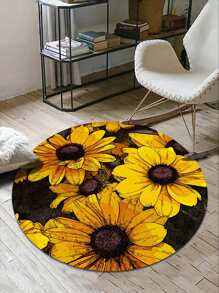 1 pieza Alfombra de piso con patrón de girasol moderno de tela redondo para casa - Multicolor - Ver 7