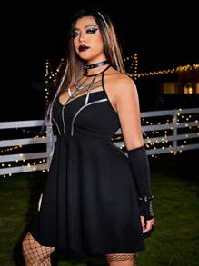 ROMWE PUNK Plus Contrast Binding Halter Neck Dress Without Belt - Black - View 3