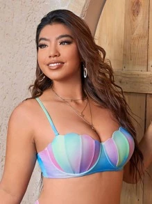 SHEIN Swim Curve 夏季大码渐变色扇贝边聚拢比基尼上衣 - 彩色 - 查看 6