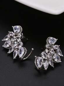 1pair Luxury Cubic Zirconia Decor Stud Earrings For Women For Daily Decoration - Silver - View 2