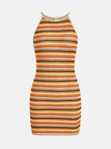 SHEIN Teen Girls Striped Print Halter Dress - Multicolor - View 1
