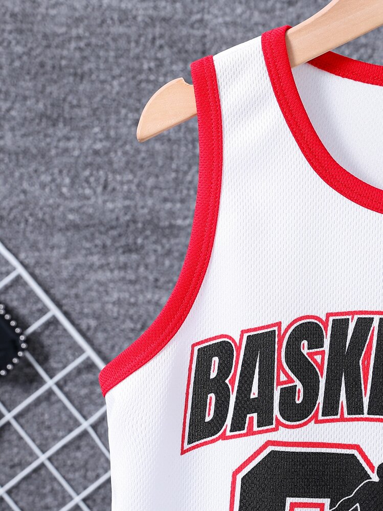 SHEIN Chicos Camiseta de baloncesto con estampado de letra unido en contraste - Blanco - Ver 5