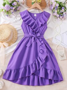 Tween Girl Ruffle Trim Wrap Belted Dress - Violet Purple - View 6