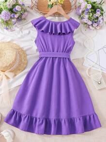 Tween Girl Ruffle Trim Wrap Belted Dress - Violet Purple - View 3