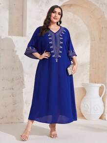 Al Najma Plus Geo Print Arabian Modest Dress Kaftan Jalabiya Dress - Blue - View 1