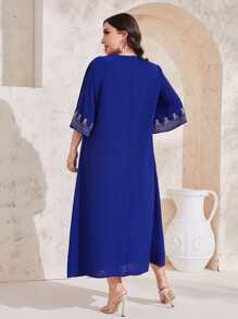 Al Najma Plus Geo Print Arabian Modest Dress Kaftan Jalabiya Dress - Blue - View 2