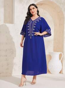 Al Najma Plus Geo Print Arabian Modest Dress Kaftan Jalabiya Dress - Blue - View 3