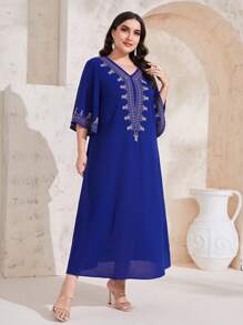 Al Najma Plus Geo Print Arabian Modest Dress Kaftan Jalabiya Dress - Blue - View 4