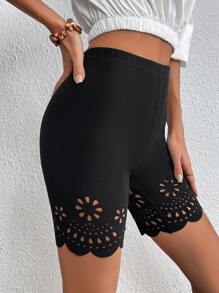 SHEIN LUNE Laser Cut Out Scallop Trim Cycling Shorts - Black - View 1