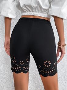 SHEIN LUNE Laser Cut Out Scallop Trim Cycling Shorts - Black - View 2