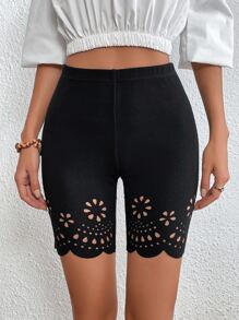 SHEIN LUNE Laser Cut Out Scallop Trim Cycling Shorts - Black - View 3