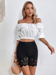 SHEIN LUNE Laser Cut Out Scallop Trim Cycling Shorts - Black - View 4