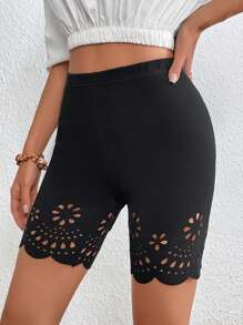 SHEIN LUNE Laser Cut Out Scallop Trim Cycling Shorts - Black - View 6