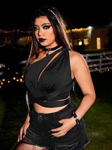 PUNK áo nữ kích thước lớn Lộ Lưng Hội Chữ thập Cắt ra Buộc lại màu trơn Gợi cảm - màu đen - Xem 3