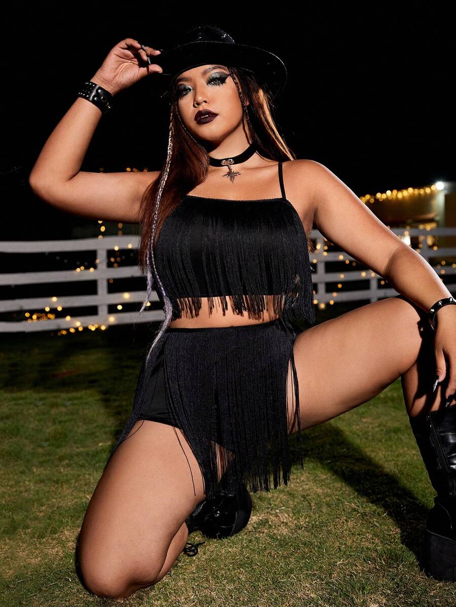 PUNK Shorts con top de tirantes ribete con fleco - Negro - Ver 1