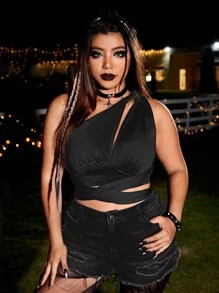 PUNK áo nữ kích thước lớn Lộ Lưng Hội Chữ thập Cắt ra Buộc lại màu trơn Gợi cảm - màu đen - Xem 4