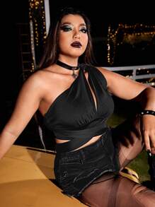 PUNK áo nữ kích thước lớn Lộ Lưng Hội Chữ thập Cắt ra Buộc lại màu trơn Gợi cảm - màu đen - Xem 5