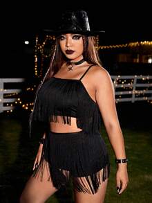 PUNK Shorts con top de tirantes ribete con fleco - Negro - Ver 3