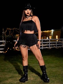PUNK Shorts con top de tirantes ribete con fleco - Negro - Ver 4