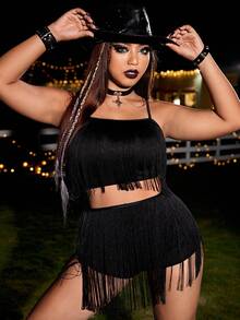 PUNK Shorts con top de tirantes ribete con fleco - Negro - Ver 5