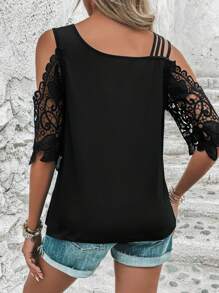 SHEIN Clasi Áo thun nữ Tương phản ren màu trơn Giải trí - màu đen - Xem 2