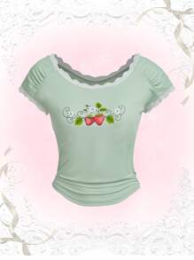 ROMWE Kawaii Áo thun nữ Tương phản ren Xù Rau quả Giải trí - Màu xanh Bạc hà - Xem 1