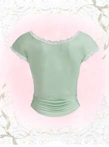 ROMWE Kawaii Áo thun nữ Tương phản ren Xù Rau quả Giải trí - Màu xanh Bạc hà - Xem 2