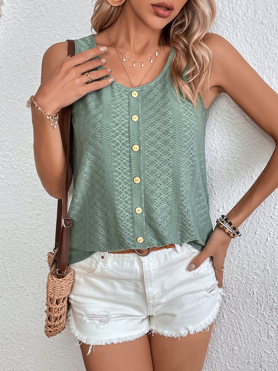 Summer T Shirts Women's Button Front Round Neck Tank Top For Summer,Casual