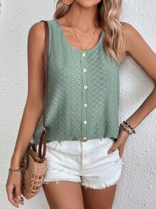 SHEIN LUNE Summer T Shirts Women's Button Front Round Neck Tank Top For Summer,Casual - Mint Green - View 4