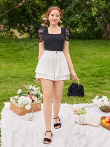 Teen Girls Plaid Mesh Puff Sleeve Tee - Black - View 4