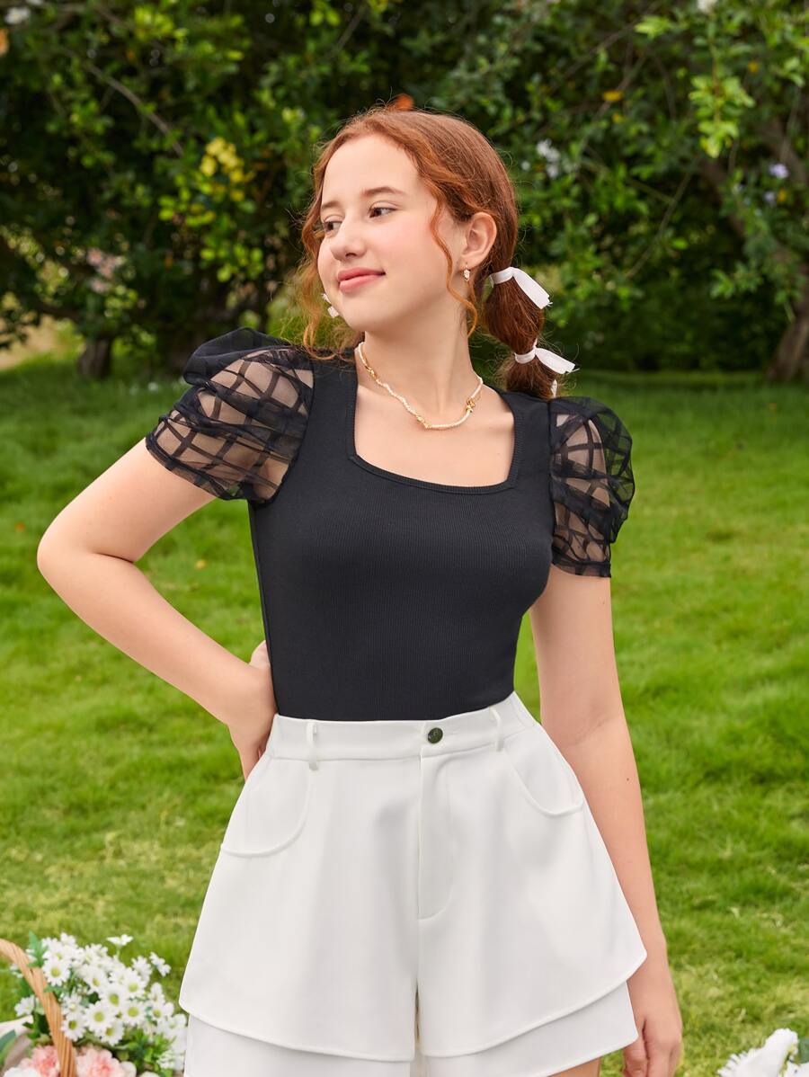 Teen Girls Plaid Mesh Puff Sleeve Tee - Black - View 1
