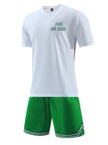 Men Letter Graphic Contrast Trim Sports Set, Athletic Suit, Tracksuit - Multicolor - View 1