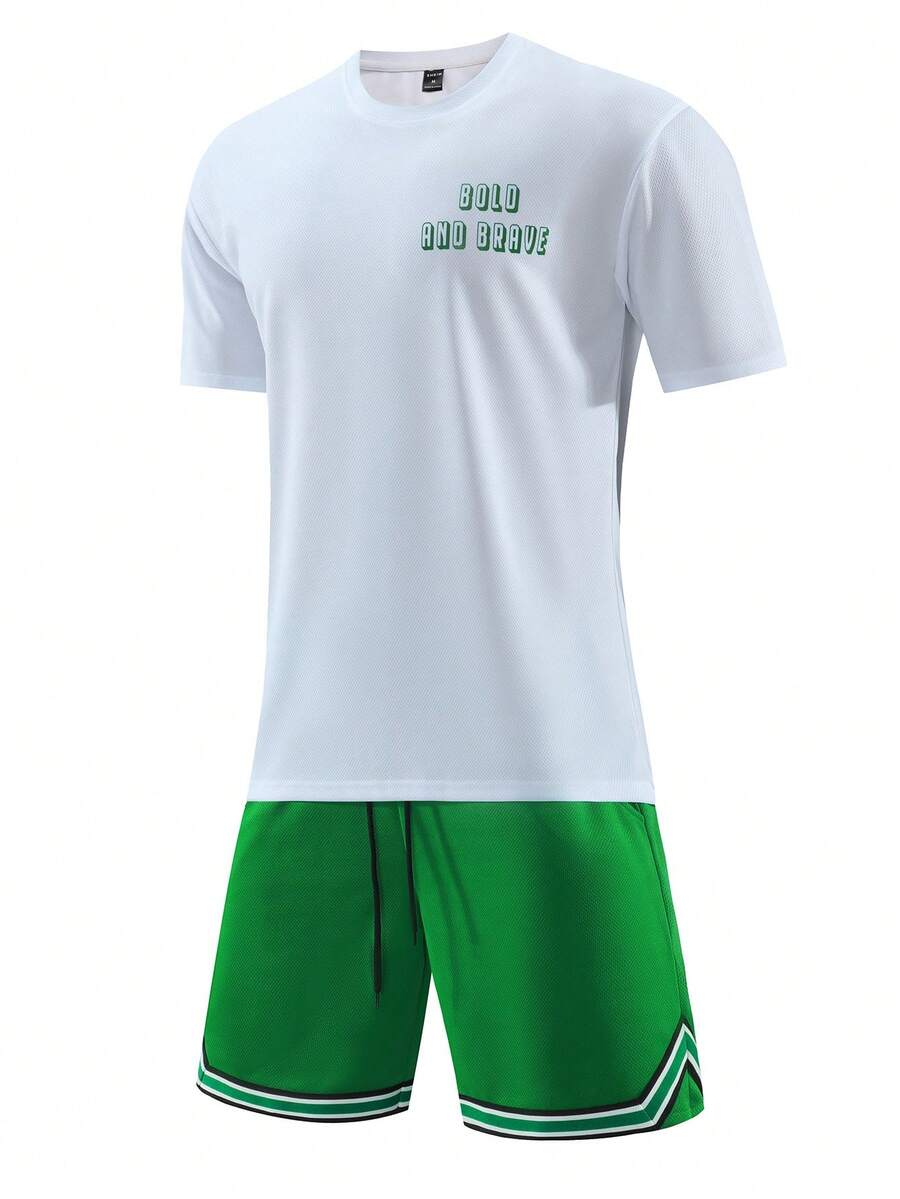 Men Letter Graphic Contrast Trim Sports Set, Athletic Suit, Tracksuit - Multicolor - View 1