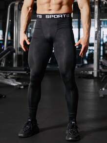 SHEIN Fitness Men Letter Graphic Sports Tights - Black - View 1