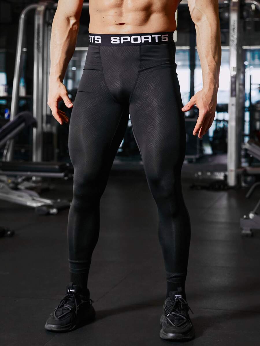 SHEIN Fitness Men Letter Graphic Sports Tights - Black - View 1