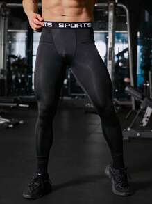 SHEIN Fitness Men Letter Graphic Sports Tights - Black - View 4