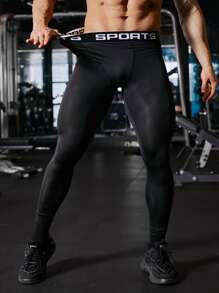 SHEIN Fitness Men Letter Graphic Sports Tights - Black - View 5