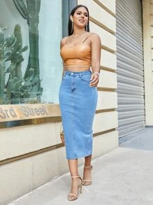 High-Waisted Slit Backless Denim Skirt - Fashionable Women's Spring Outfit - Medium Wash - View 3